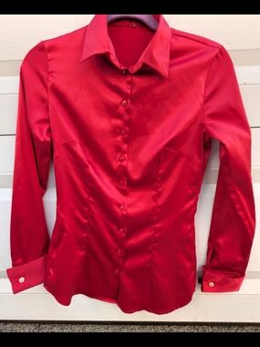 Satin rare French double Cuff Red Button-Down Blouse size S